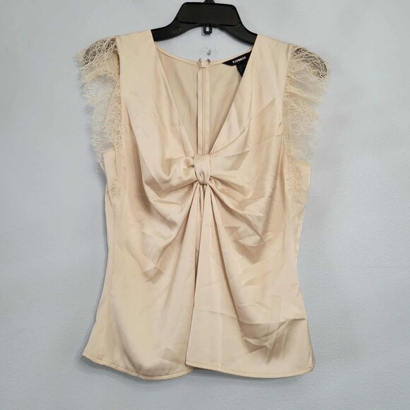 Express Champagne Satin Bow Front Lace Cap Sleeve Blouse Top SM Romantic Chic - Picture 1 of 6